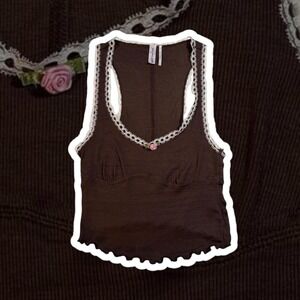 Y2K Out From Under Brown Ribbed Tank Top Lace‎ Trim Rose Accent XS